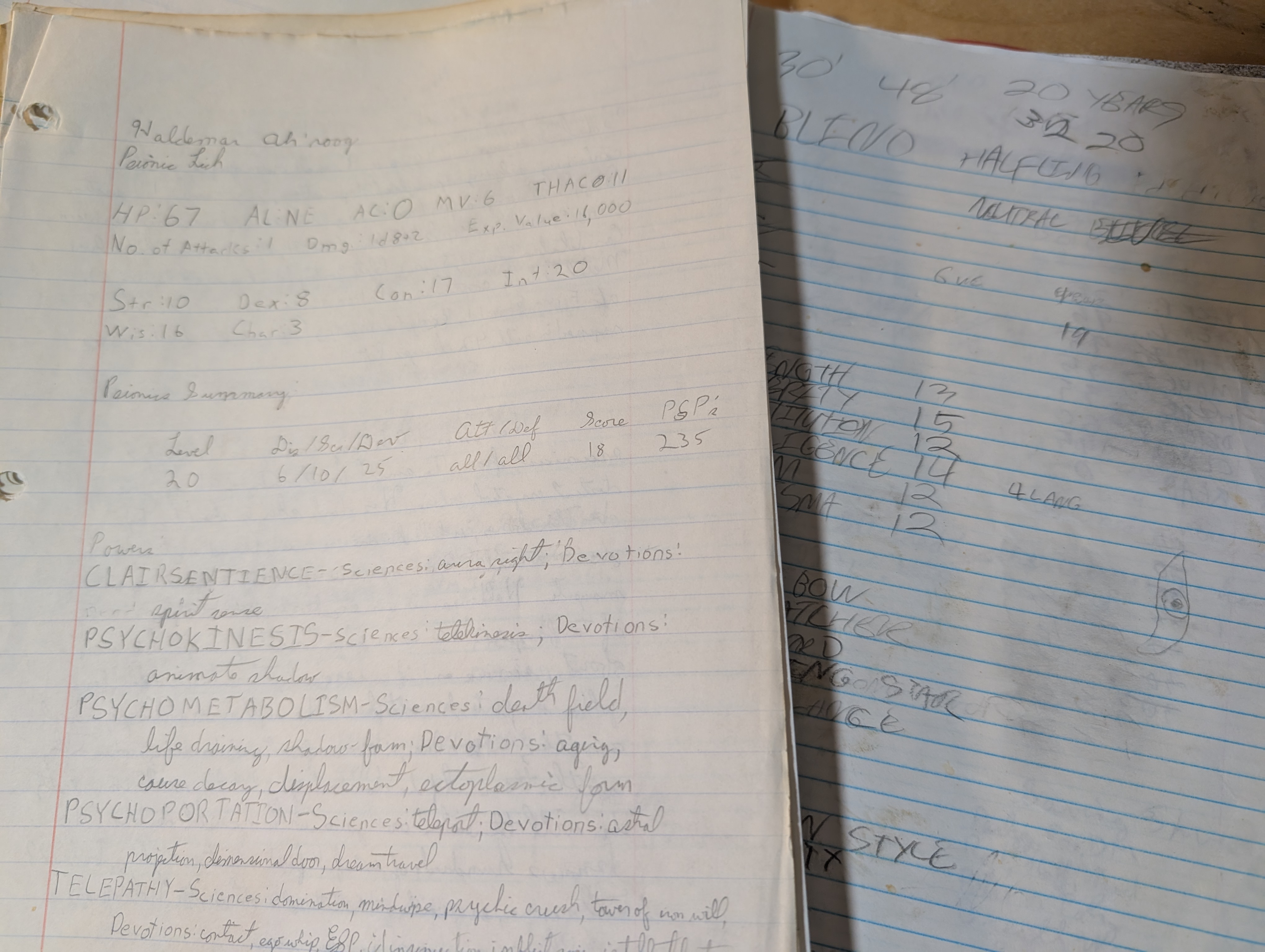 Psionic Lich sounds scary, I should bring that back. I have absolutely no idea why I needed stats for a BLIND HALFLING. Photo of old handwritten notes